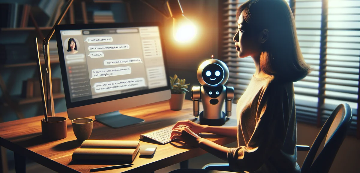 Person using ChatGPT interface to generate blog content, laptop screen showing AI conversation, home