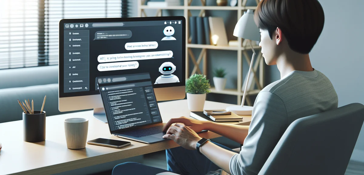 Person using ChatGPT interface to generate blog content, laptop screen showing AI conversation, home