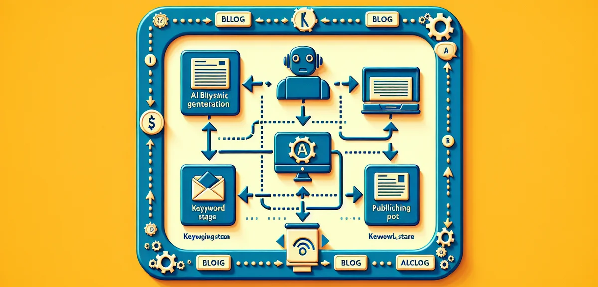 Workflow diagram showing AI blog article generation process from keyword to published post, infograp