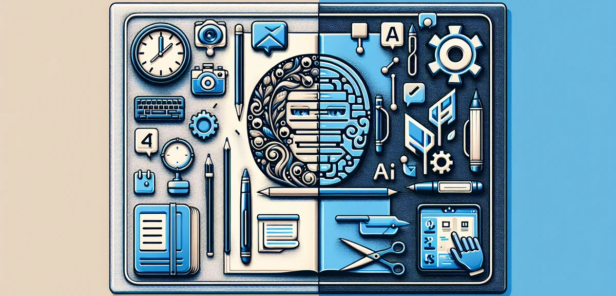 Comparison of manual writing vs AI-assisted writing, clock and efficiency icons, productivity concep