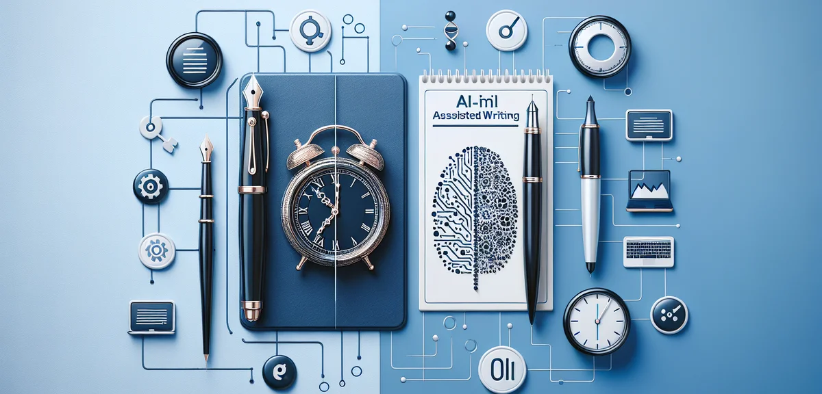 Comparison of manual writing vs AI-assisted writing, clock and efficiency icons, productivity concep