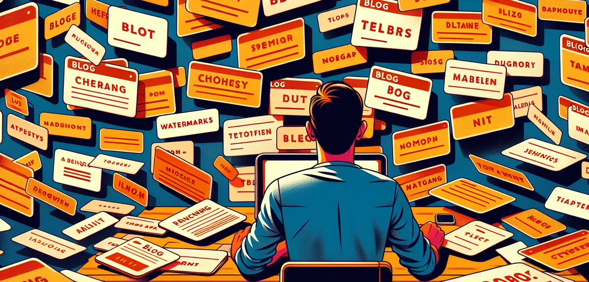 A person choosing a blog genre from multiple colorful topic cards spread on a desk, flat illustratio