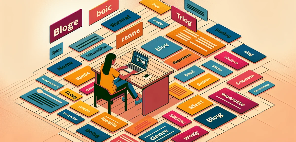 A person choosing a blog genre from multiple colorful topic cards spread on a desk, flat illustratio