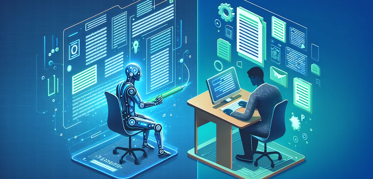 A split-screen illustration showing AI generating text on one side and a human editing on the other,