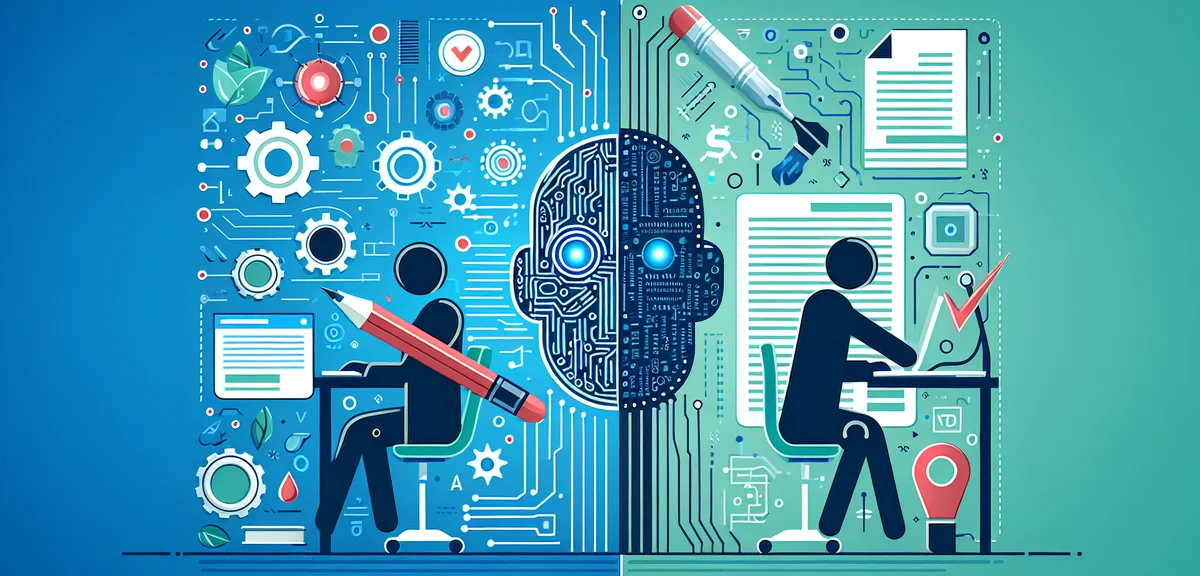 A split-screen illustration showing AI generating text on one side and a human editing on the other,