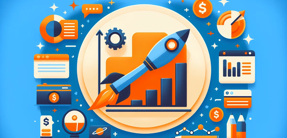 A growth chart showing blog revenue increasing over time with a small rocket icon, flat illustration