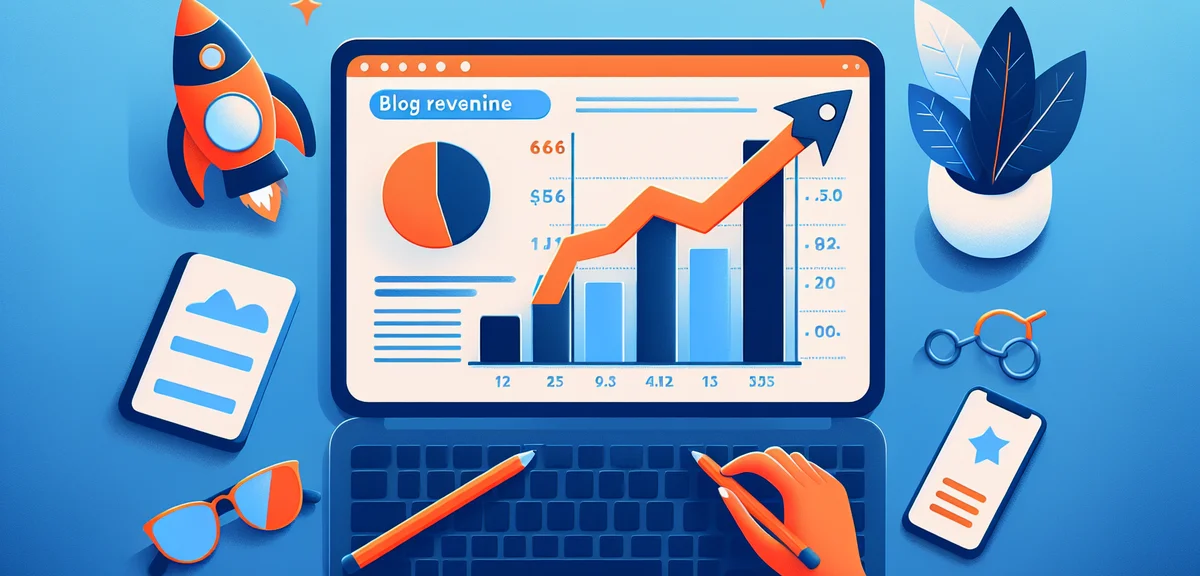 A growth chart showing blog revenue increasing over time with a small rocket icon, flat illustration
