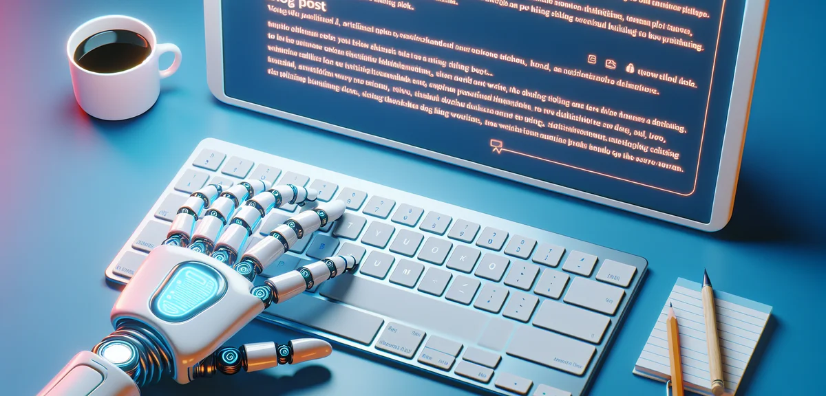 AI writing assistant concept, robot hand typing on keyboard with blog post on screen, futuristic yet