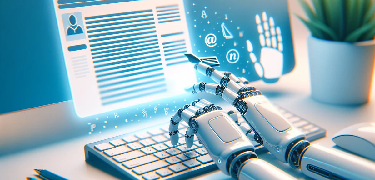 AI writing assistant concept, robot hand typing on keyboard with blog post on screen, futuristic yet
