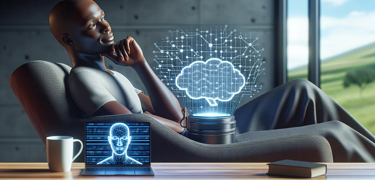 Person relaxing while AI works on laptop screen showing automated content creation, passive income c