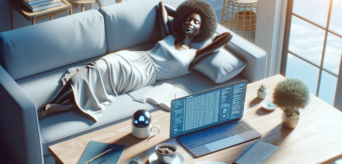 Person relaxing while AI works on laptop screen showing automated content creation, passive income c
