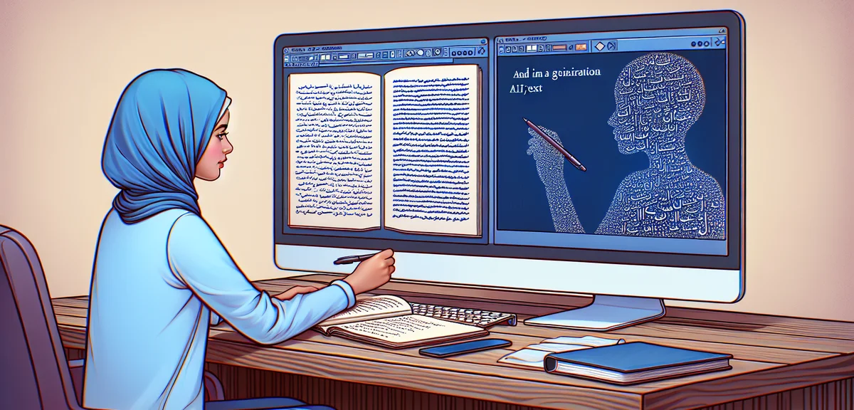 A person sitting at a desk comparing handwritten notes with AI-generated text on a computer screen, 