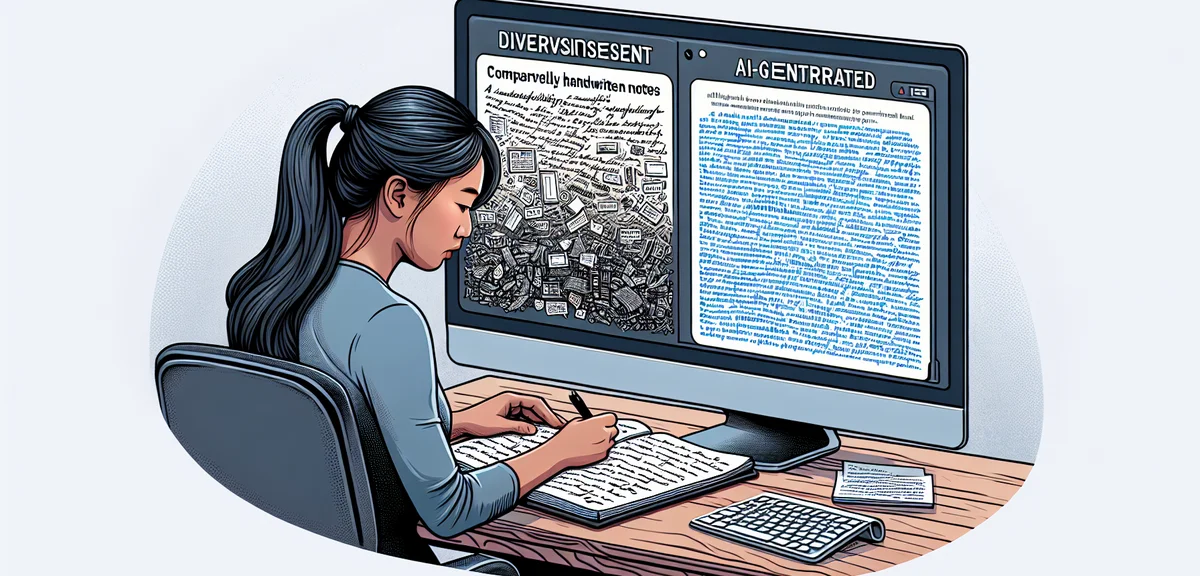 A person sitting at a desk comparing handwritten notes with AI-generated text on a computer screen, 
