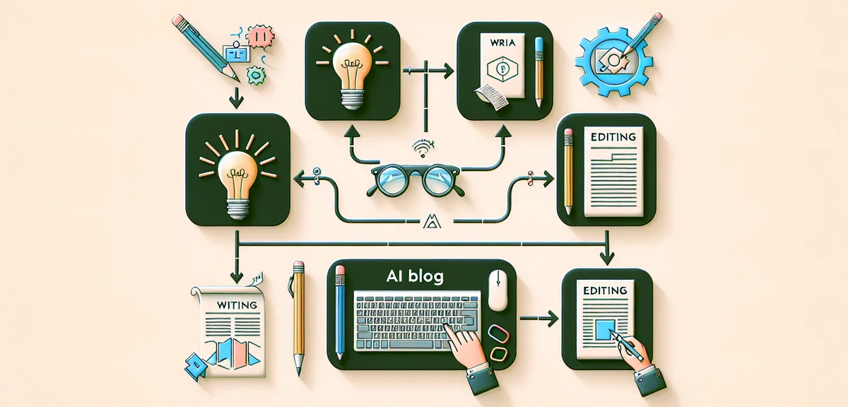 An infographic-style illustration showing the workflow of AI blog creation: idea generation, writing
