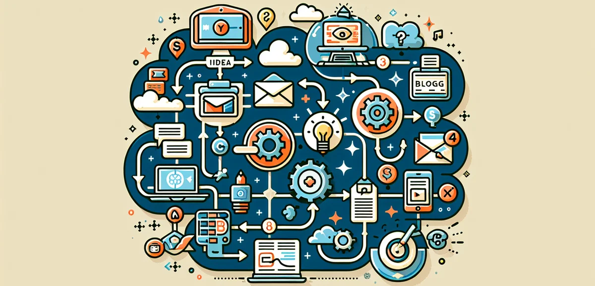 An infographic-style illustration showing the workflow of AI blog creation: idea generation, writing