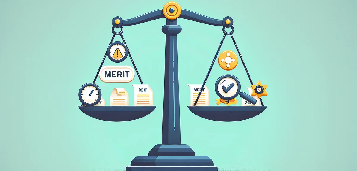 A balanced scale with 'merit' and 'demerit' labels, one side showing time savings and efficiency ico
