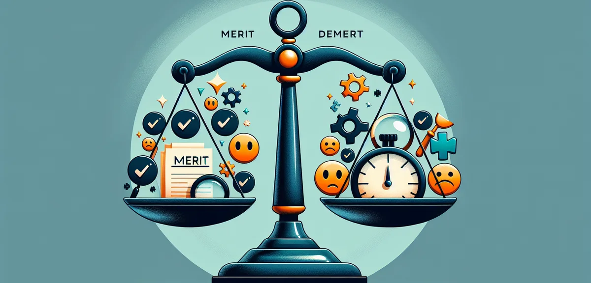 A balanced scale with 'merit' and 'demerit' labels, one side showing time savings and efficiency ico