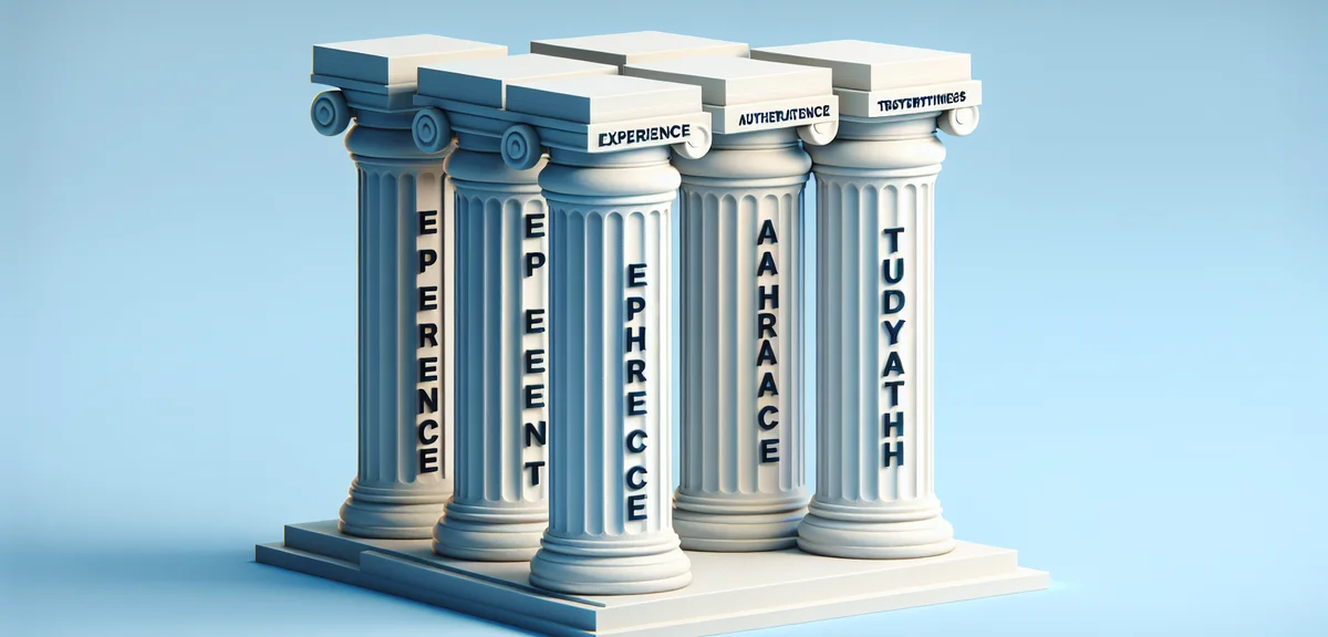 E-E-A-T concept illustration with four pillars labeled Experience, Expertise, Authoritativeness, Tru