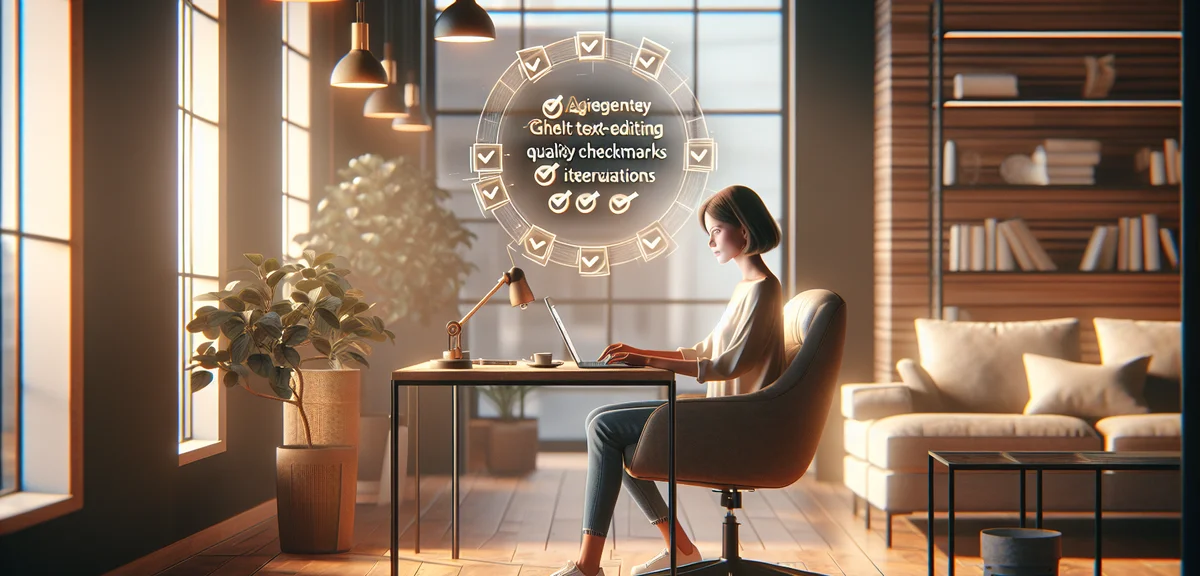 Person editing AI-generated text on a laptop screen with quality checkmarks appearing, home office s