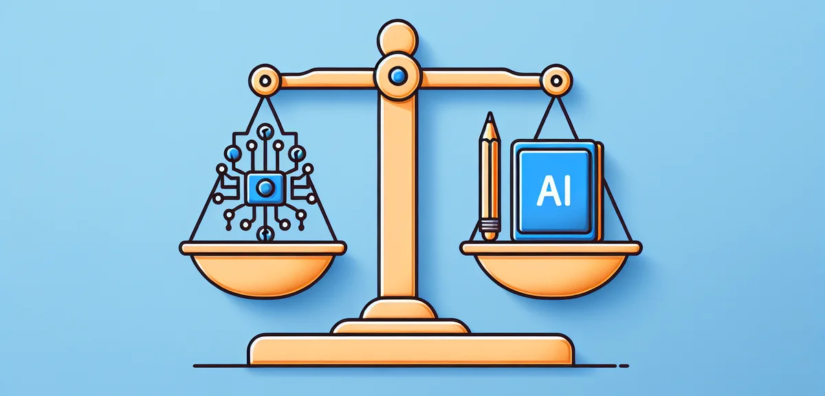 Balance scale with AI efficiency on one side and content quality on the other, both balanced equally