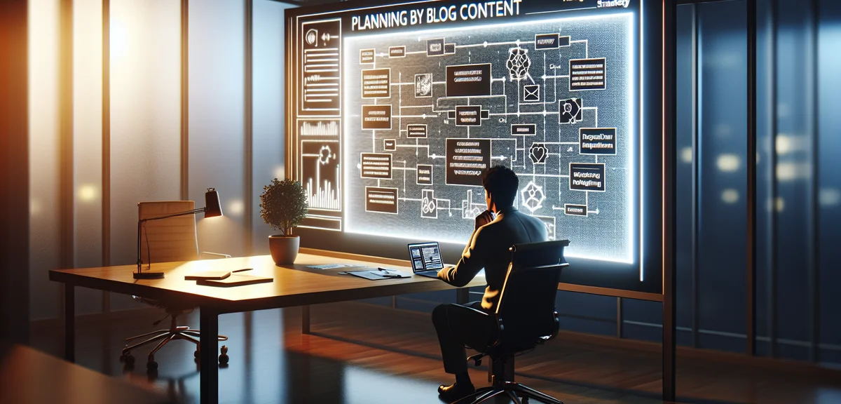 A person strategically planning blog content with AI tools, using a whiteboard with content strategy