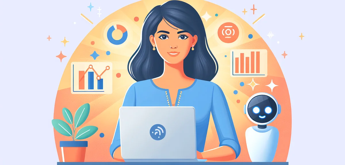 A successful blogger checking analytics showing upward growth trends on a laptop, with AI assistant 