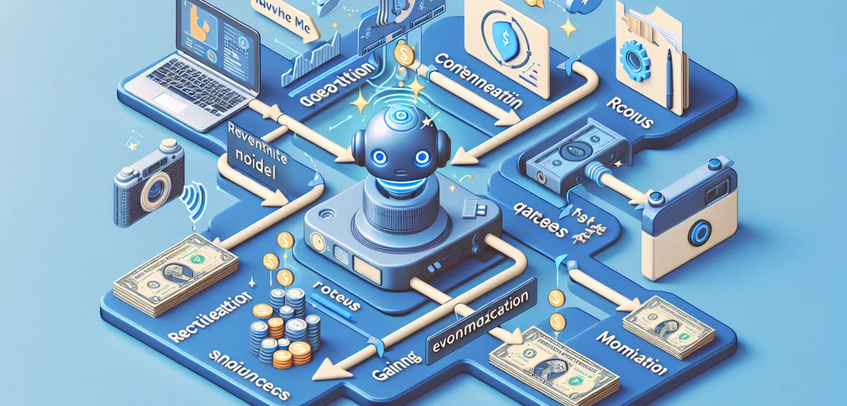 AIブログの収益モデルを示す図、コンテンツ作成からアクセス、収益化までの流れを矢印でつないだインフォグラフィック