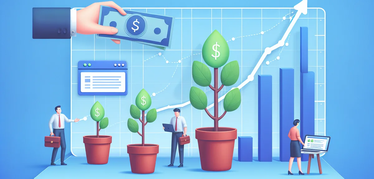 不労所得の成長を時系列で示すタイムラインのイラスト、最初は小さく徐々に大きくなる収益グラフ