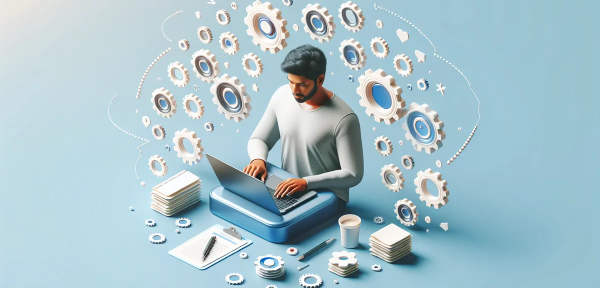 ノートパソコンでブログの自動投稿を設定している人のイラスト、歯車や自動化のアイコンが浮かんでいる