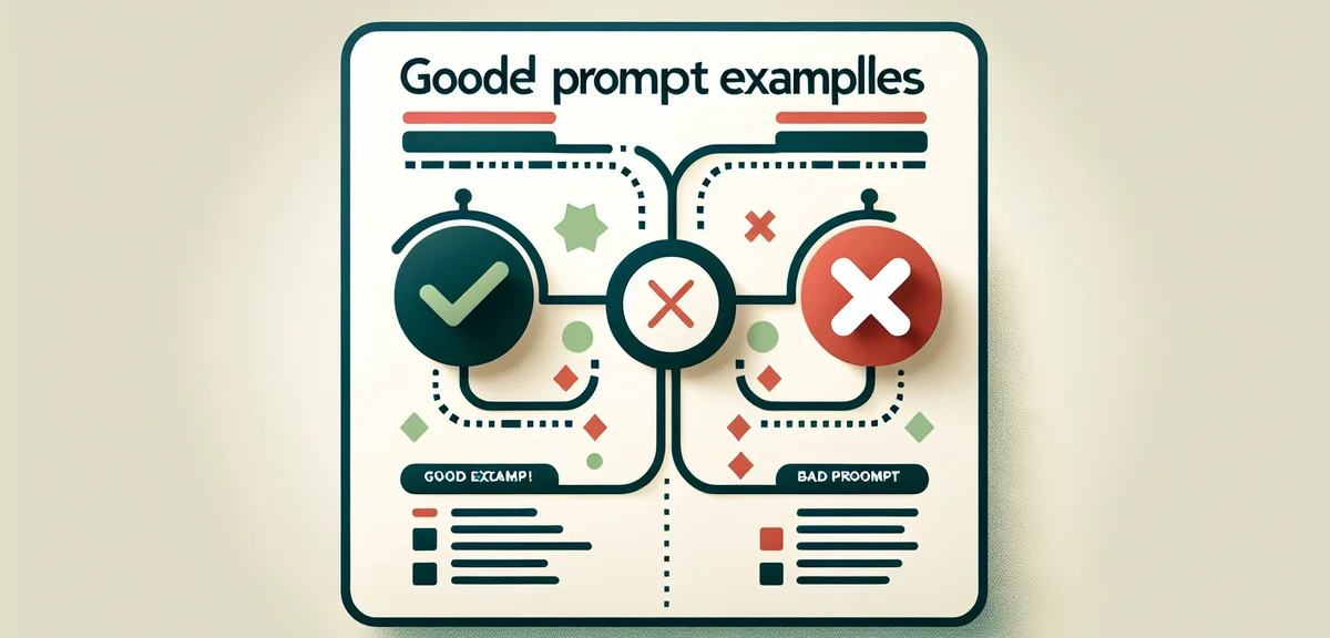A comparison diagram showing good prompt vs bad prompt examples, with green checkmark and red cross