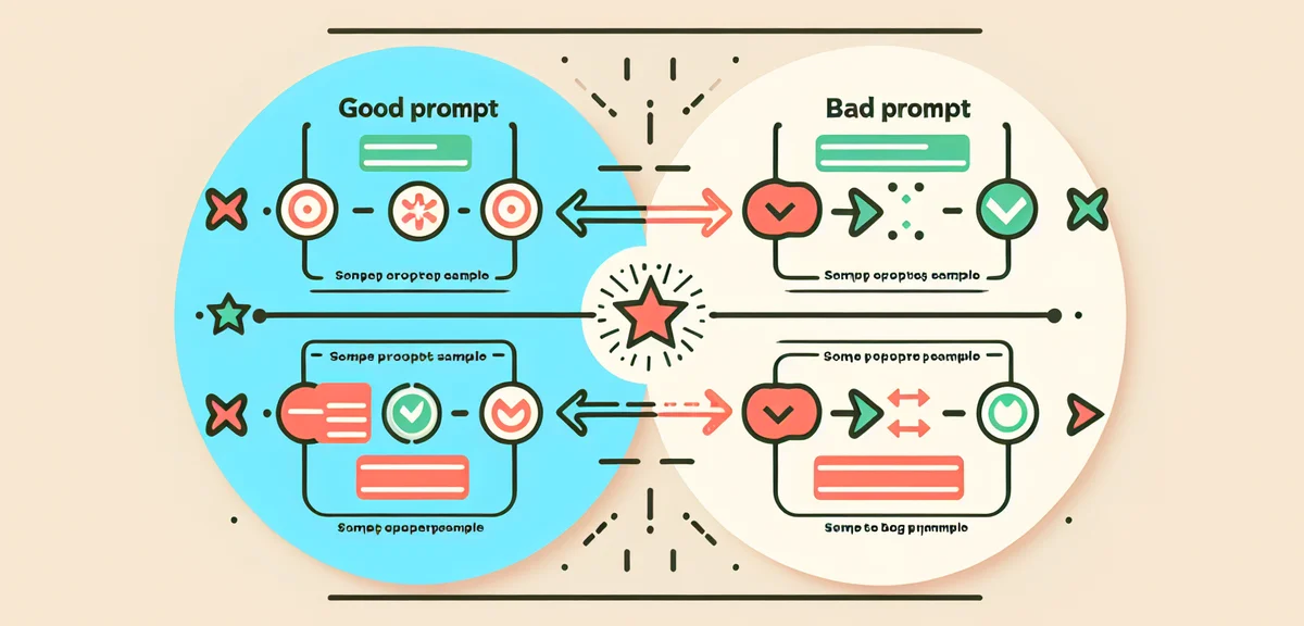 A comparison diagram showing good prompt vs bad prompt examples, with green checkmark and red cross