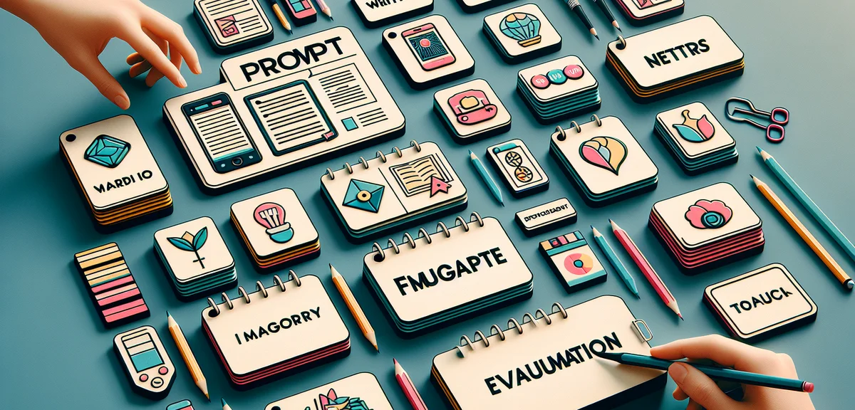 A collection of prompt template cards arranged on a desk, each card showing different categories lik