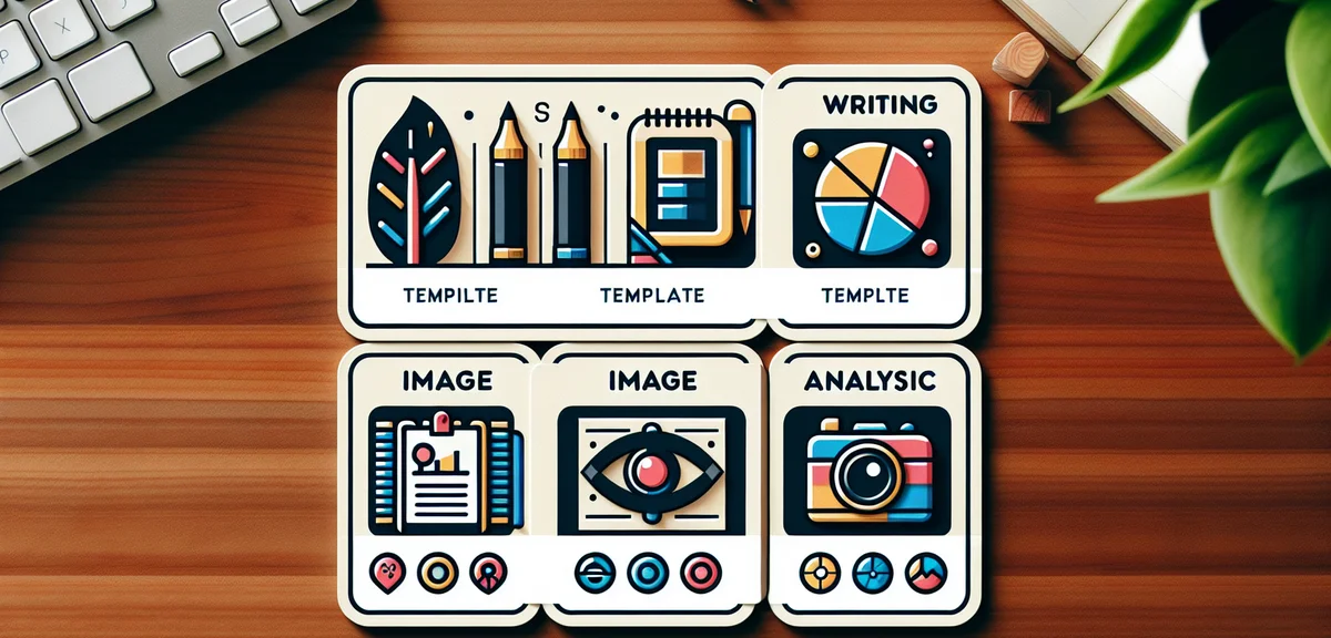 A collection of prompt template cards arranged on a desk, each card showing different categories lik