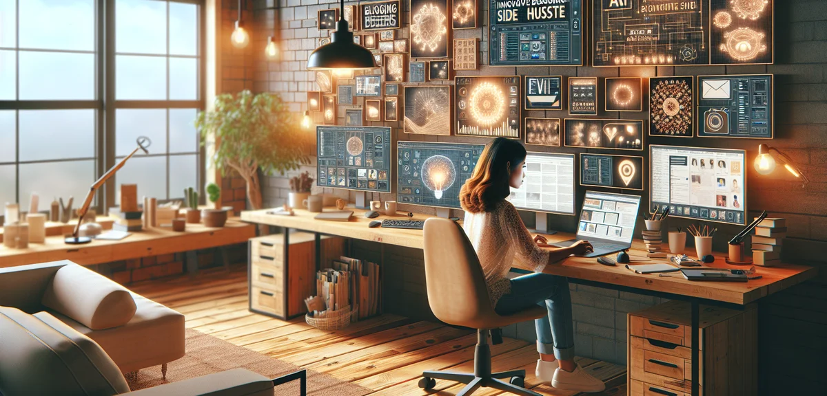 A person using AI tools for blogging and side job work, multiple screens showing AI-generated conten