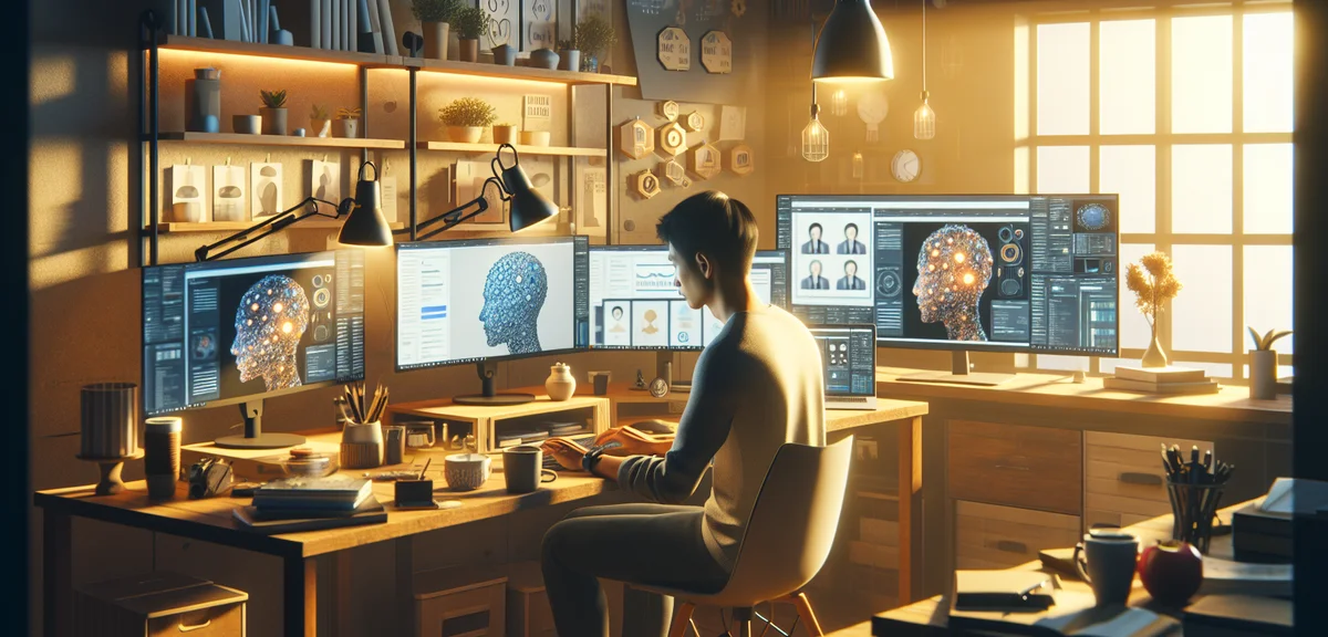 A person using AI tools for blogging and side job work, multiple screens showing AI-generated conten