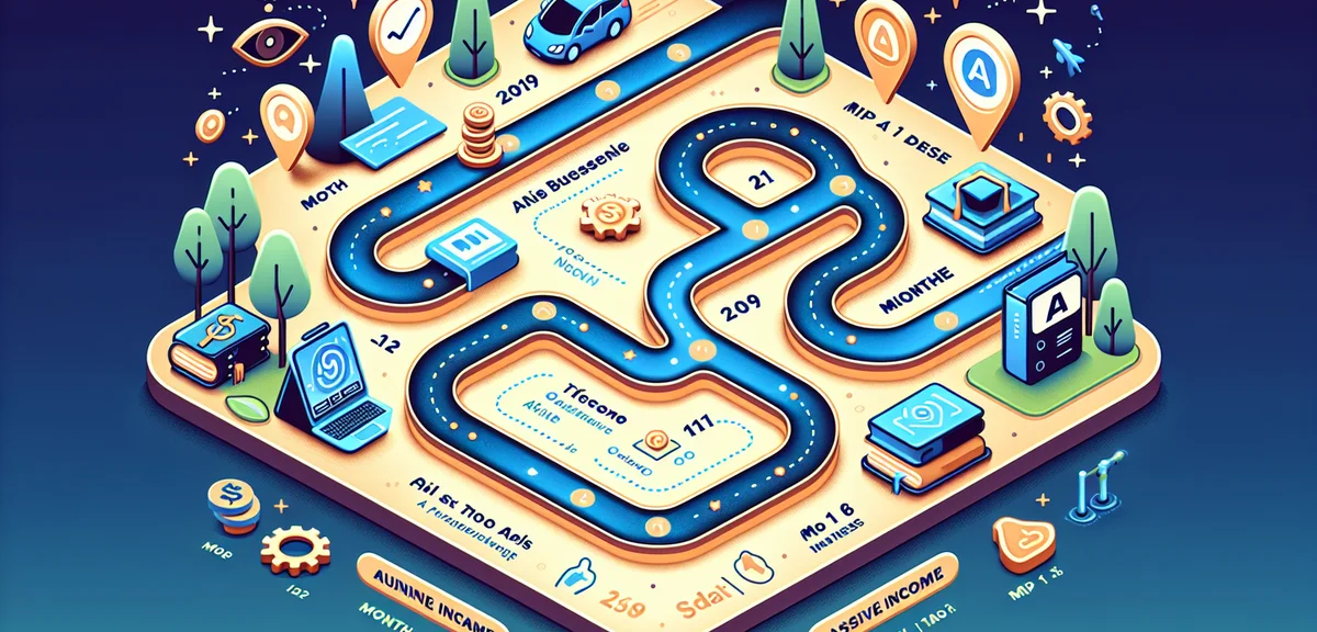 An illustrated roadmap showing the journey from AI side business beginner to earning passive income,