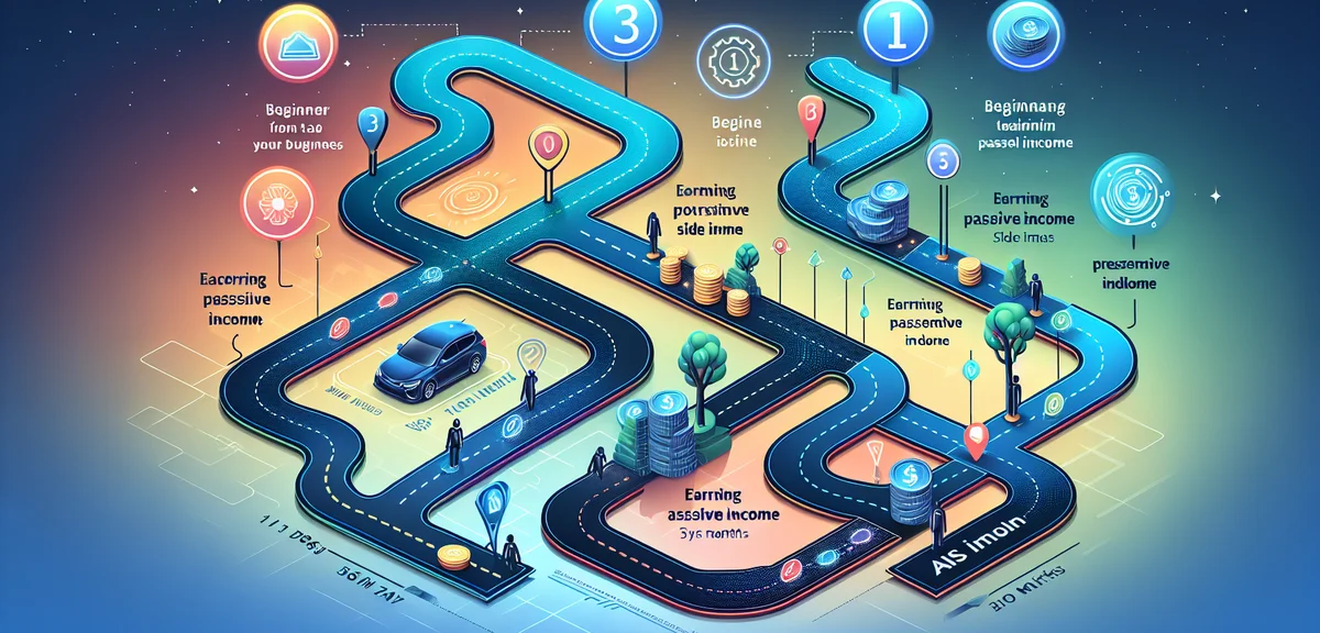 An illustrated roadmap showing the journey from AI side business beginner to earning passive income,