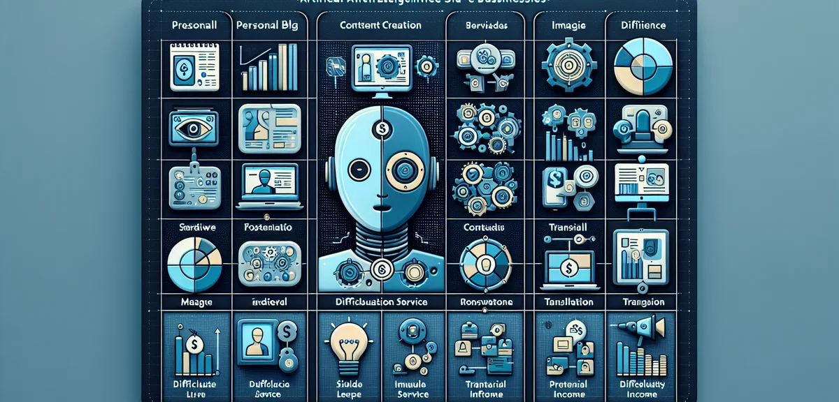 A visual comparison chart of different AI side business types (blog, content creation, image generat
