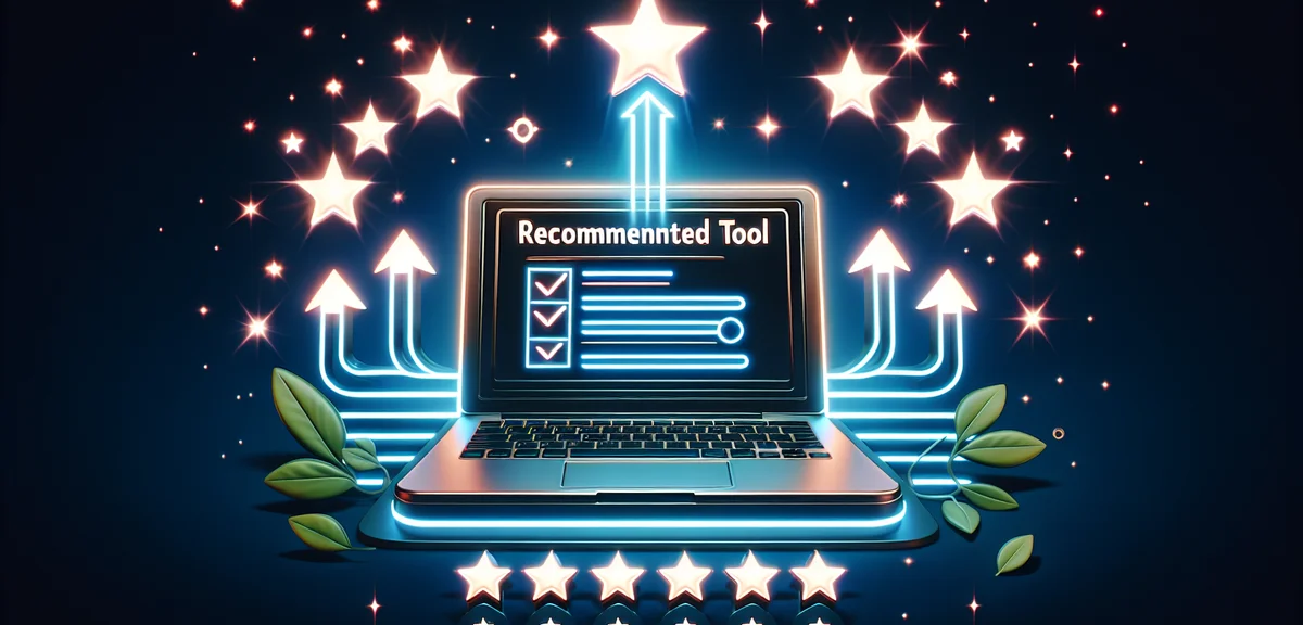 An illustration of Blog Auto AI as the recommended number one tool, shown as a glowing laptop with a