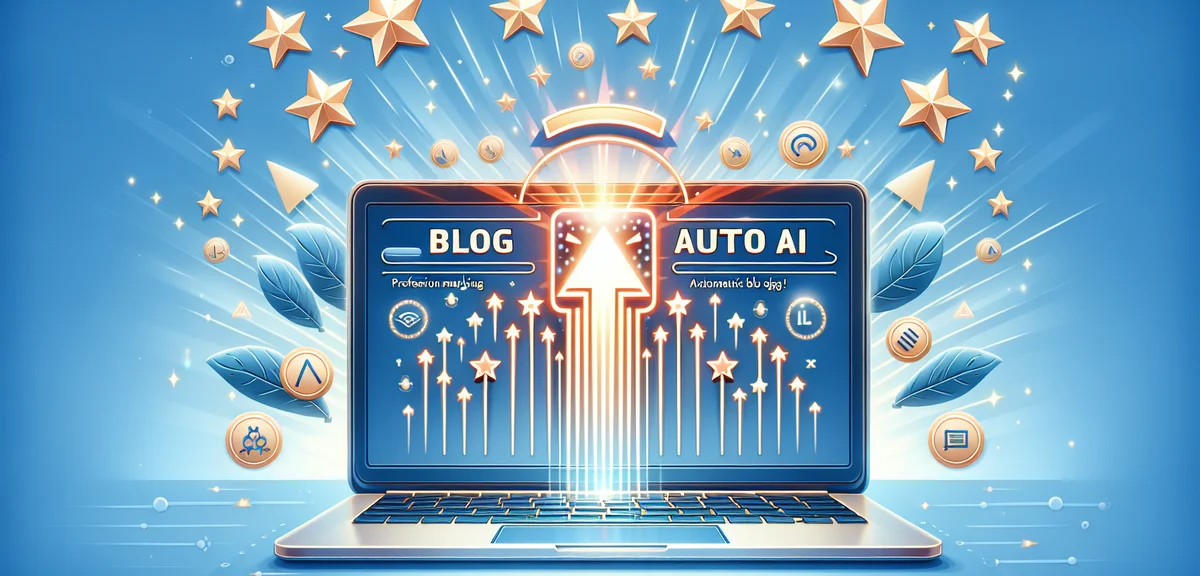 An illustration of Blog Auto AI as the recommended number one tool, shown as a glowing laptop with a