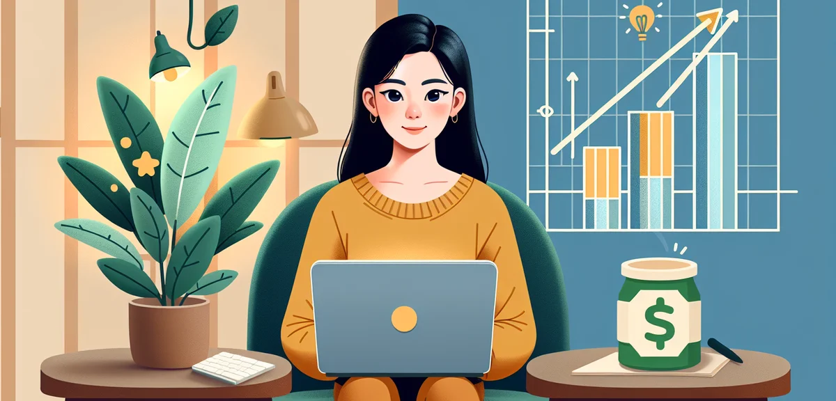 A split-screen illustration showing a person using AI tools on a laptop on one side and money/revenu