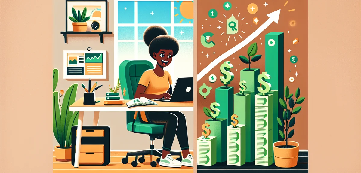 A split-screen illustration showing a person using AI tools on a laptop on one side and money/revenu