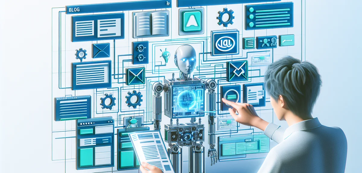 An illustration of a Japanese person setting up an automated blog system with AI assistance, showing