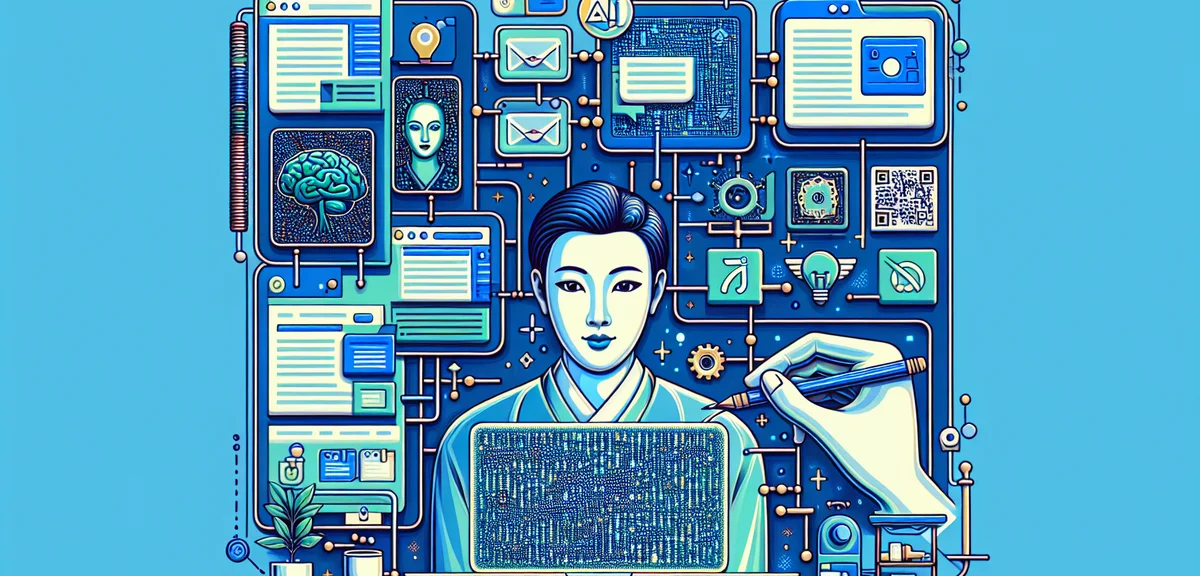 An illustration of a Japanese person setting up an automated blog system with AI assistance, showing