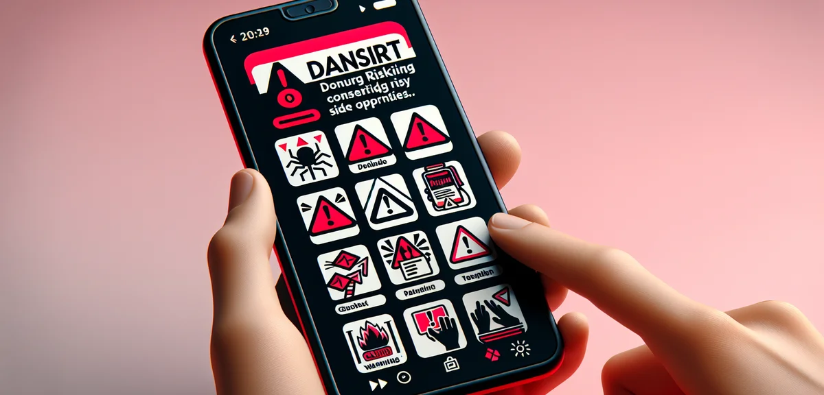 Warning signs and red flags for dangerous side job offers on a smartphone screen, cautionary illustr