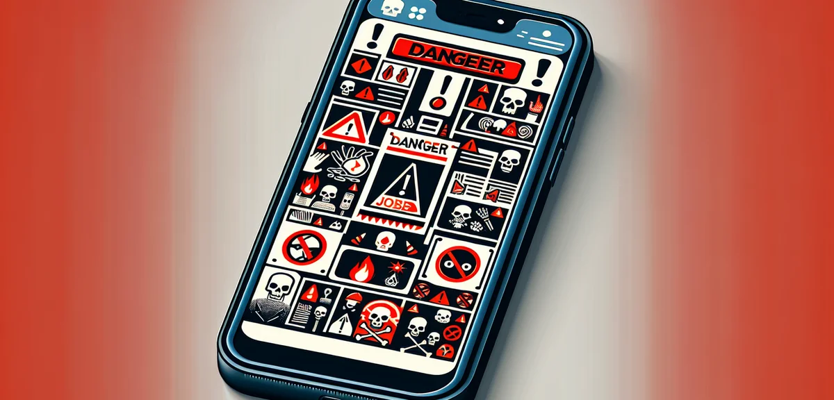 Warning signs and red flags for dangerous side job offers on a smartphone screen, cautionary illustr