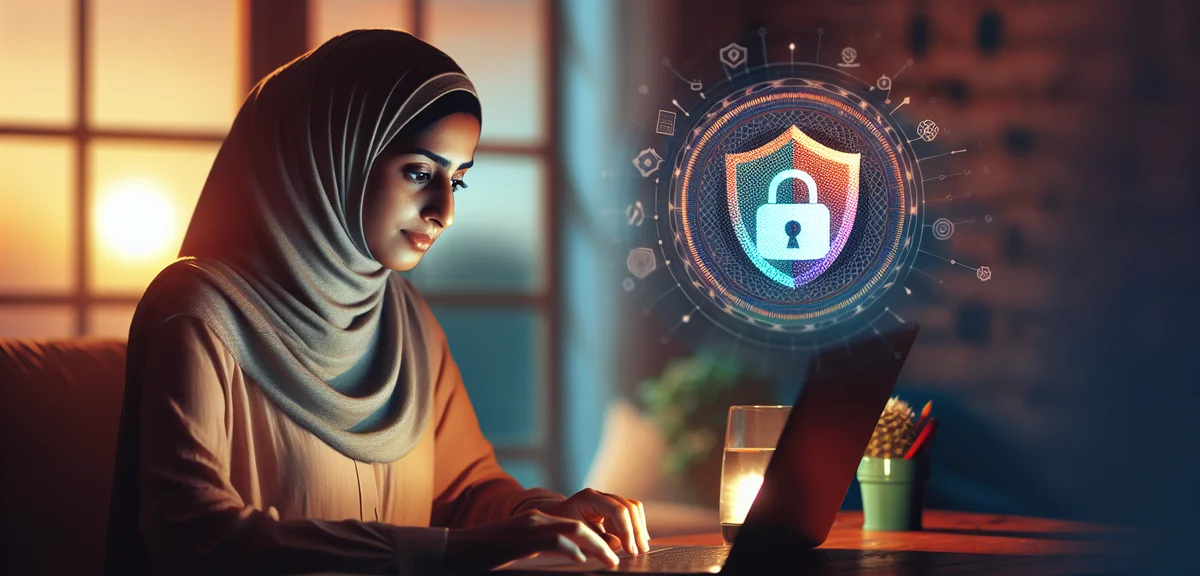 A person safely working on AI side jobs at home with a laptop, shield icon representing security, wa
