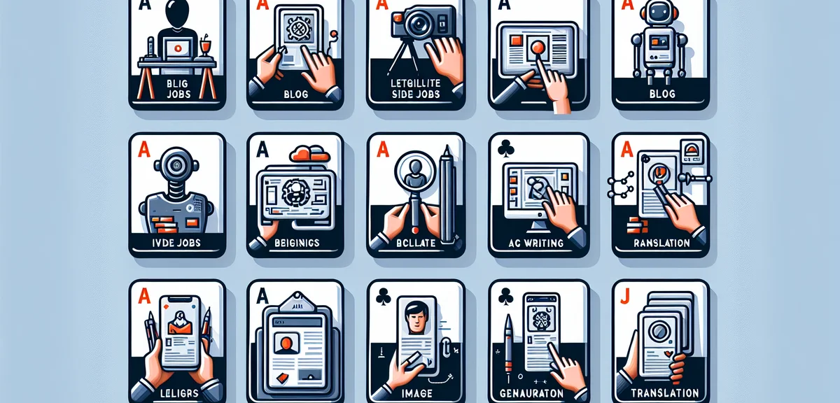 Various legitimate AI side job types illustrated as cards - blog writing, image generation, translat