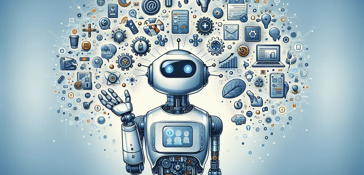 AI robot assistant helping with various tasks, content creation and automation icons floating around