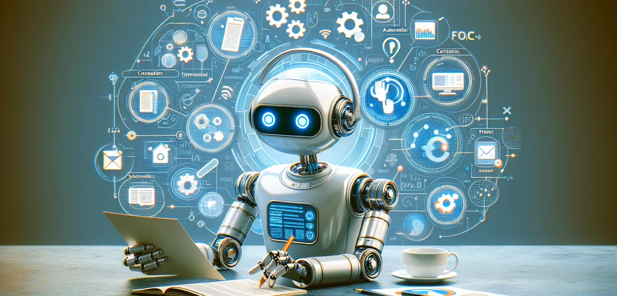 AI robot assistant helping with various tasks, content creation and automation icons floating around